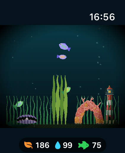My Tiny Tank with four little fish, a sword plant, an open giant clam, a coral arch, a lighthouse and the tank's status bar